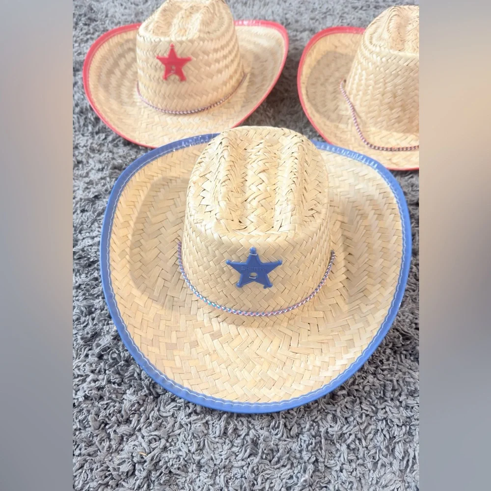 Set of 3 Straw Cowboy Hats for Kids - Sheriff Costume Red and Blue - Picture 2 of 10